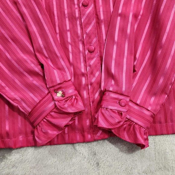 Vintage JCPenney Top Womens 18 Pink Striped Satin Ruffled High Neck Long Sleeves - Picture 5 of 10